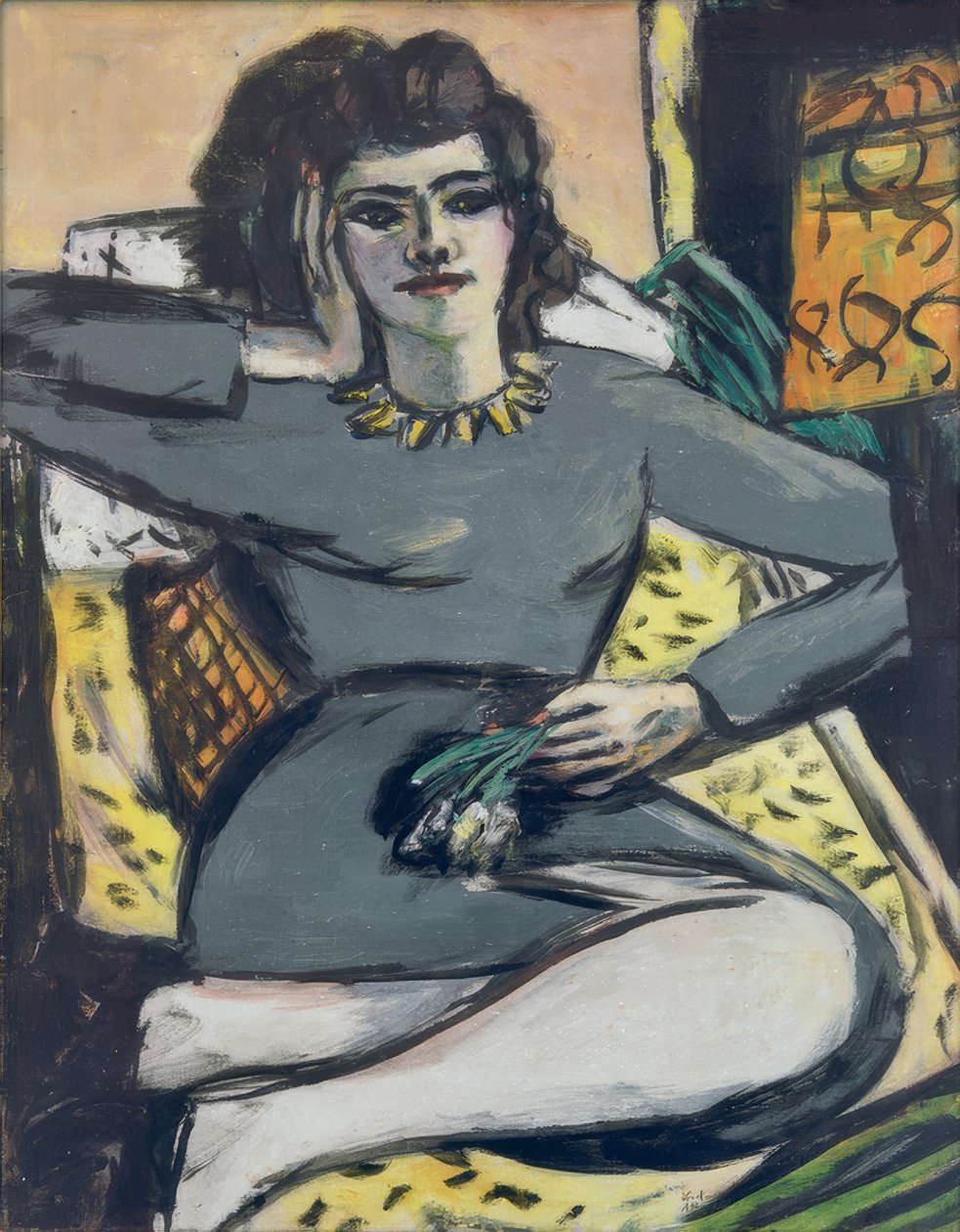 Pihenő nő szegfűvel, portré Quappi alkotó: Max Beckmann