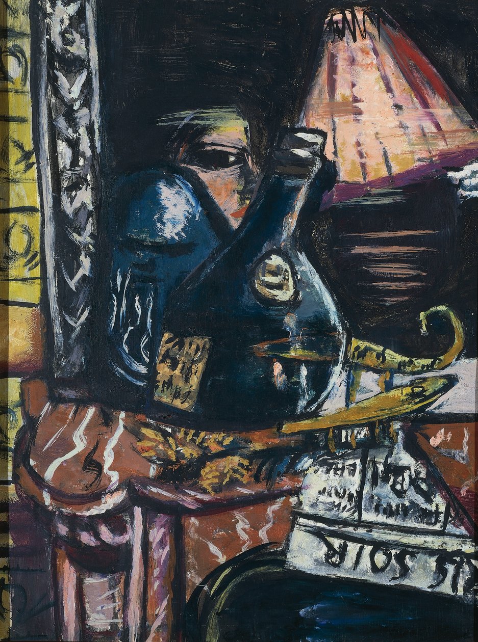 Csendélet ferde pálinkásüveggel és Buddhával alkotó: Max Beckmann