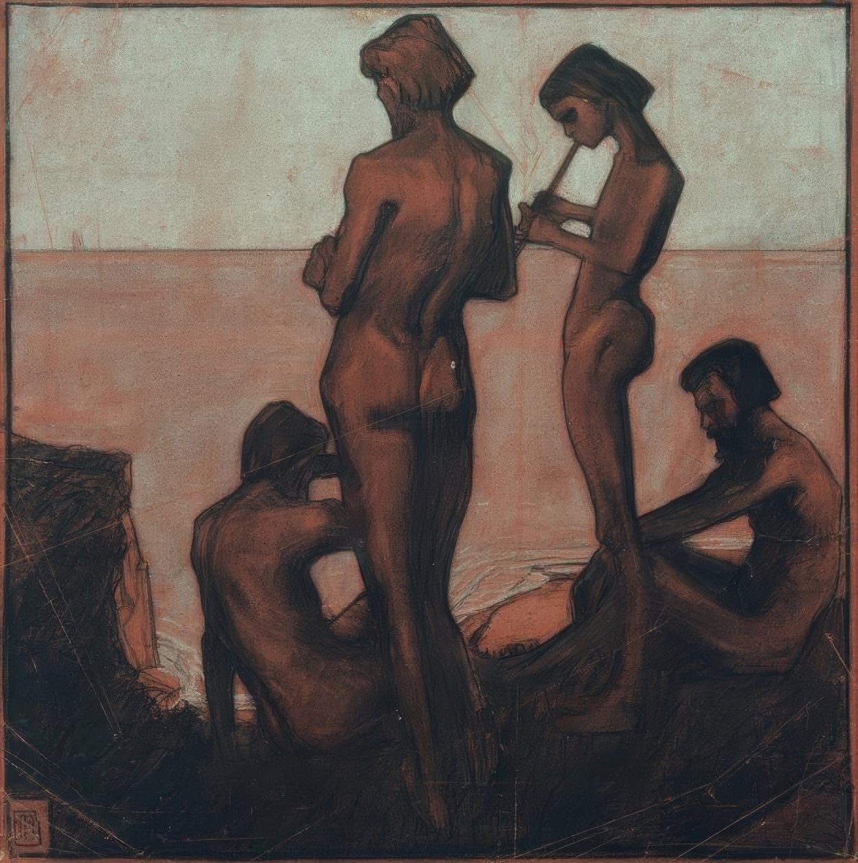 Négy fiatalember a tenger mellett (Fiatalok a tenger mellett - Négy férfialak a tenger mellett) alkotó: Max Beckmann