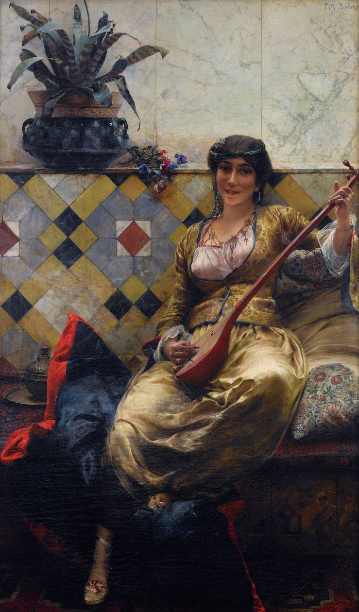 ""Serenade au harem"" (Szerenád a háremben) Peinture de Ferdinand Max Bredt (1860-1921) - Olaj, vászon Mérete 85x52 cm Magángyűjtemény alkotó: Max Ferdinand Bredt