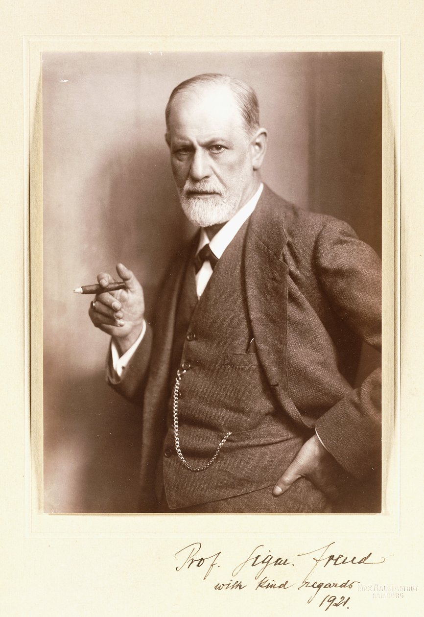 Egy aláírt fénykép Sigmund Freudról, 1921 körül (szépia fotó) alkotó: Max Halberstadt