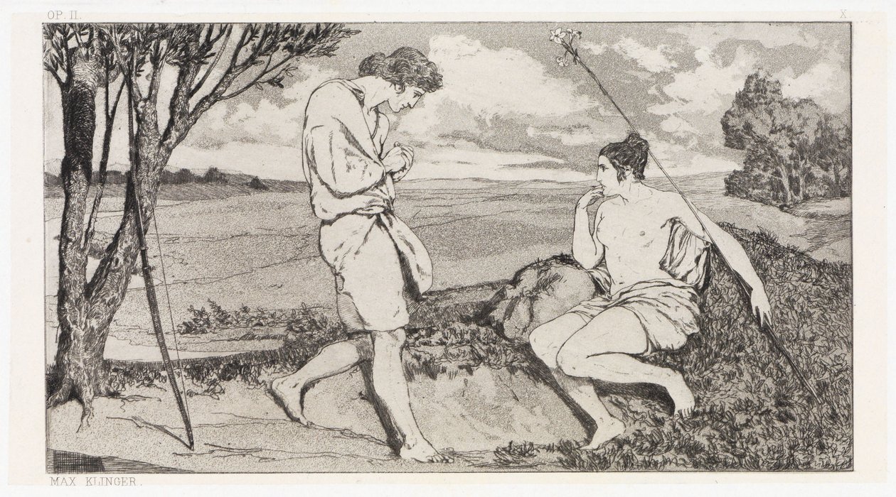 Apollón és Daphné I (Ovidiusi áldozatok megmentése, II. opus, 10. lap) alkotó: Max Klinger