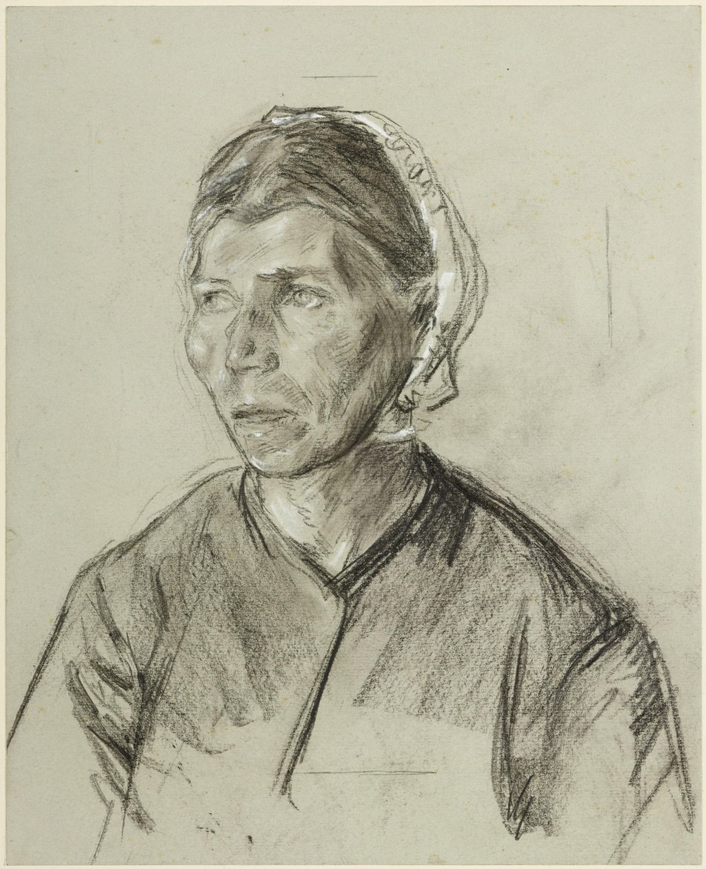 Egy idősebb, fejfedőt viselő nő mellkép alkotó: Max Liebermann