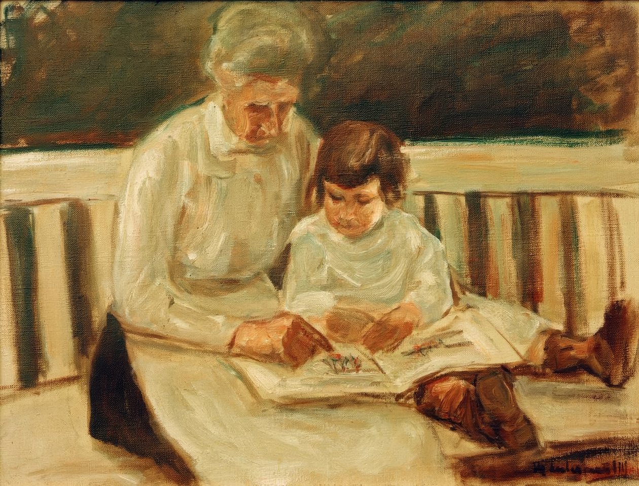 Unoka és dada a kerti padon alkotó: Max Liebermann