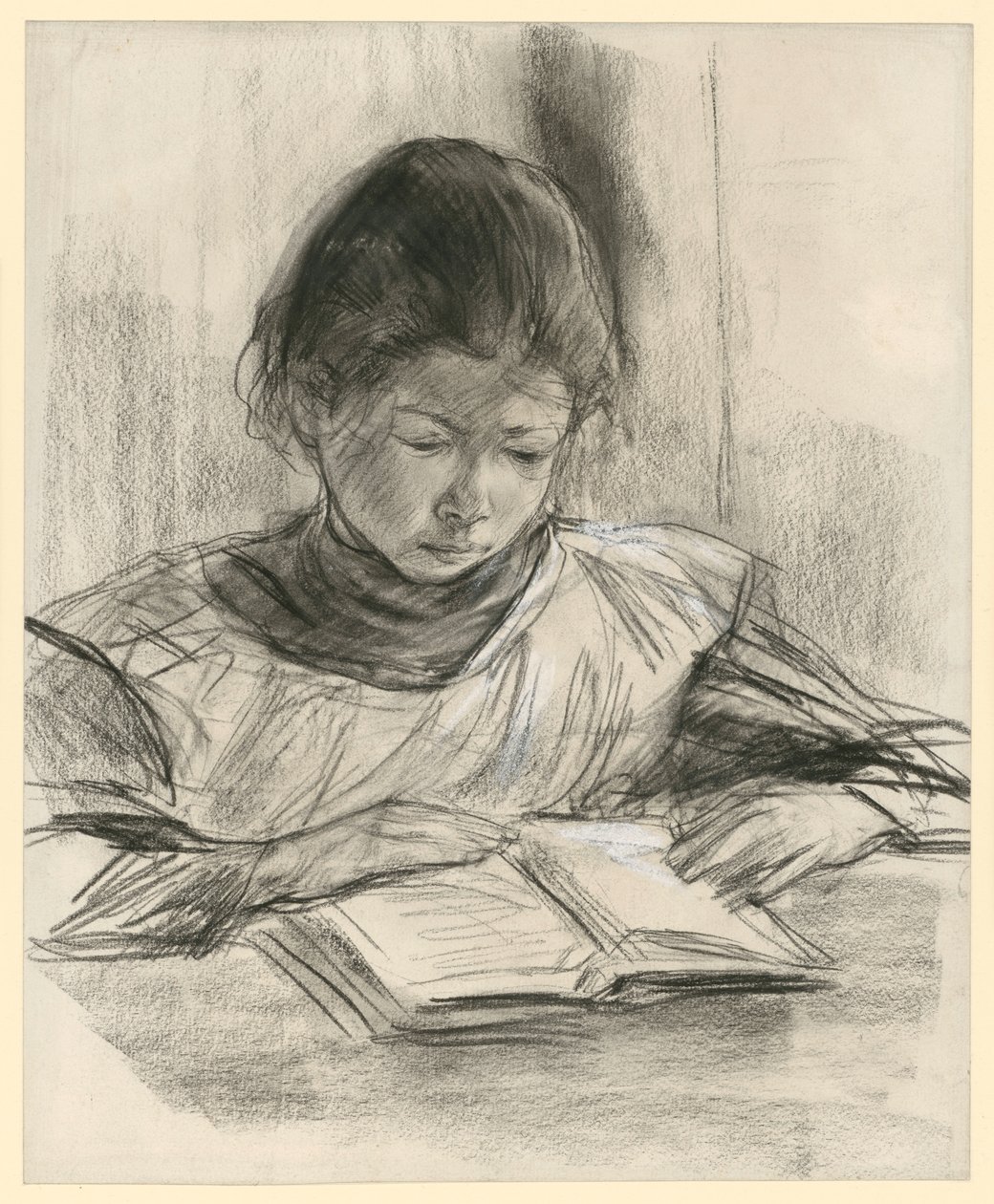 A művész lányának portréja. Mellkép, szemből, asztalnál ülve, olvasás közben alkotó: Max Liebermann