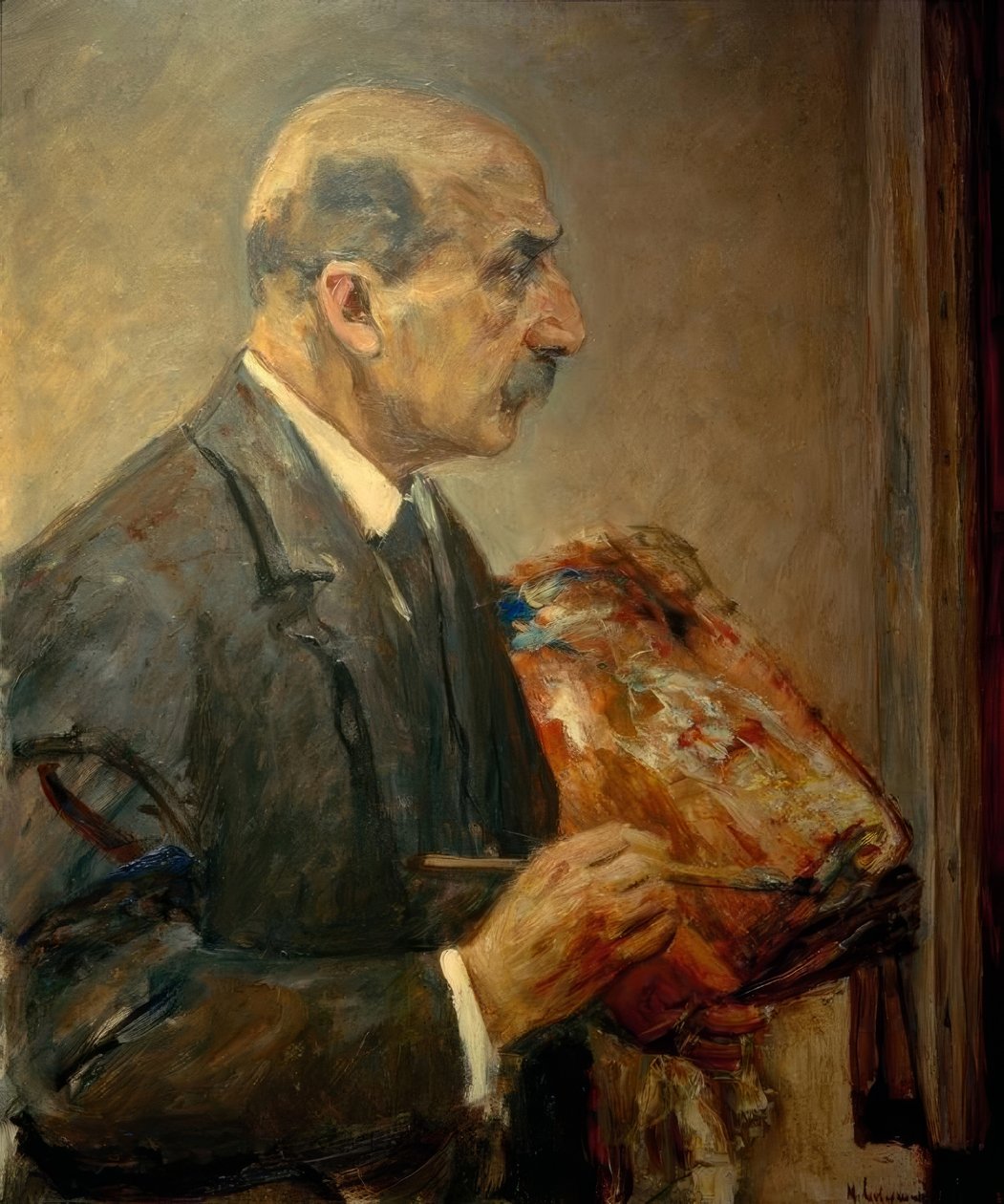 Önarckép palettával a festőállványnál, profilban, a következő kép után alkotó: Max Liebermann