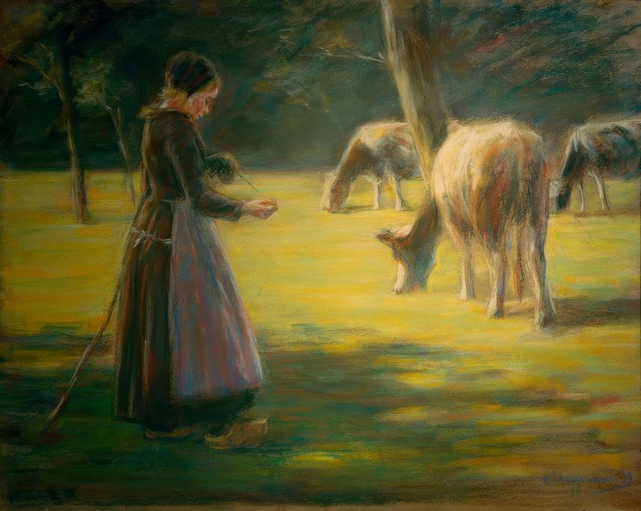 Pörgő tehénpásztorlány a legelőn - Napsütésben alkotó: Max Liebermann