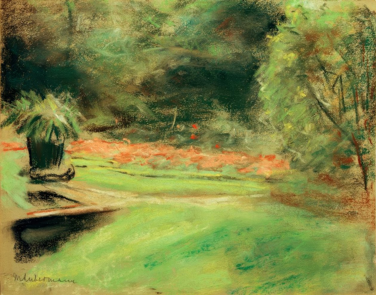 Wannsee kert, kilátás a teraszra virágágyásokkal és alkotó: Max Liebermann