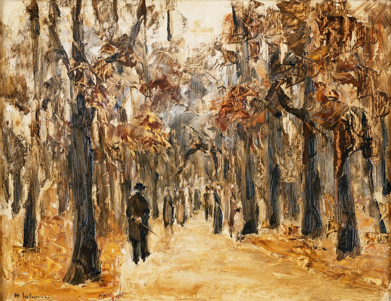 Állatkertek ősszel figurákkal sétálva; Tiergarten ősszel sétálókkal, alkotó: Max Liebermann