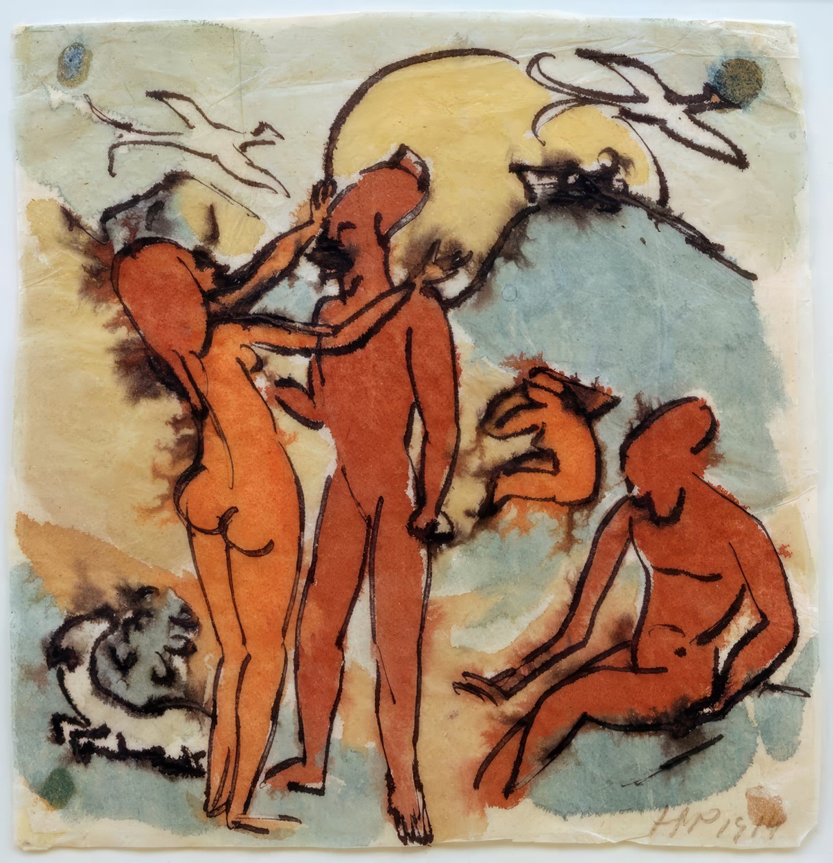 Fürdőjelenet kormányos madarakkal alkotó: Max Pechstein