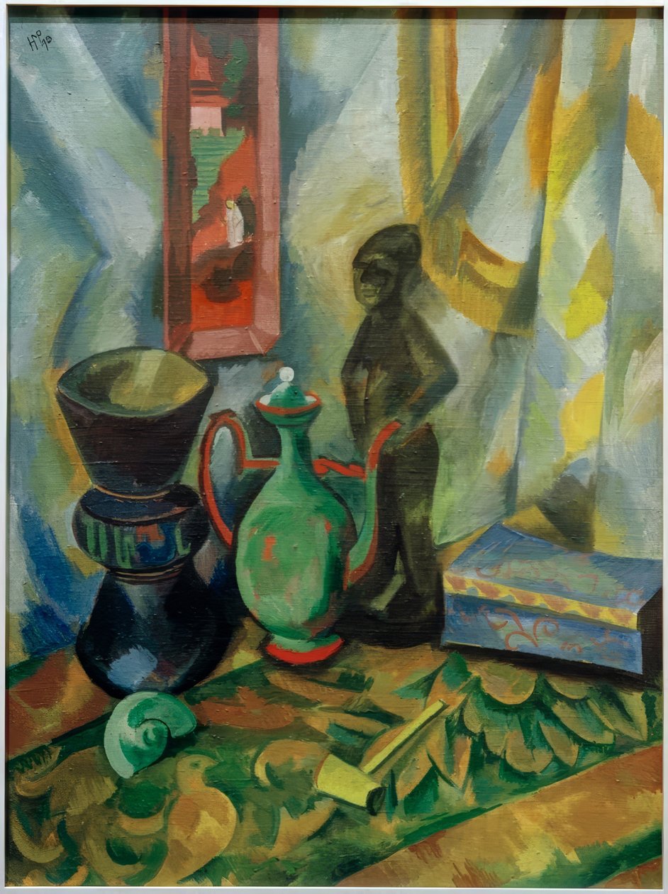 Csendélet vázával, mór kancsóval és fafigurával alkotó: Max Pechstein