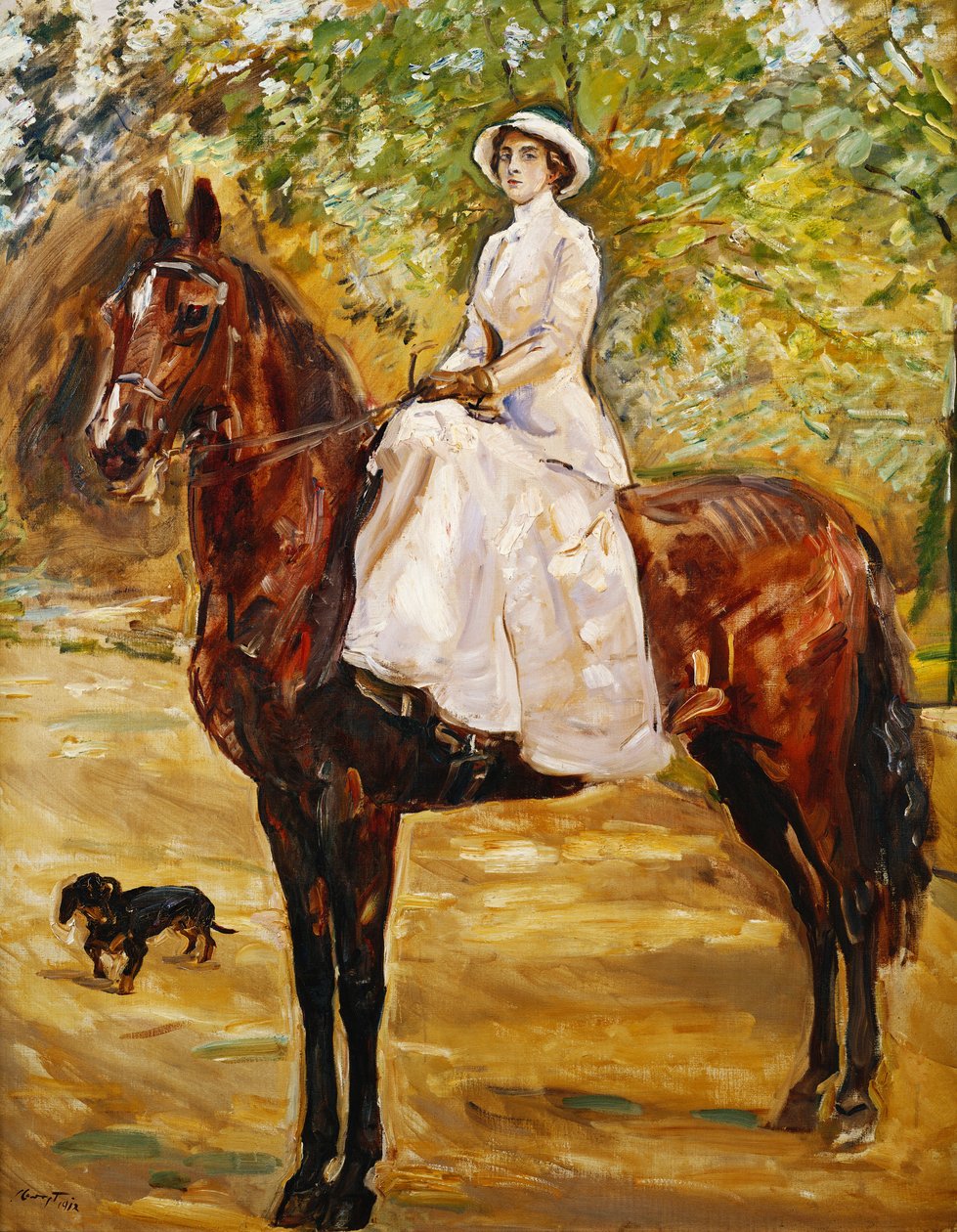nő, fehér, lovaglás; Fehér lovaglóruhás hölgy lóháton, 1910 alkotó: Max Slevogt