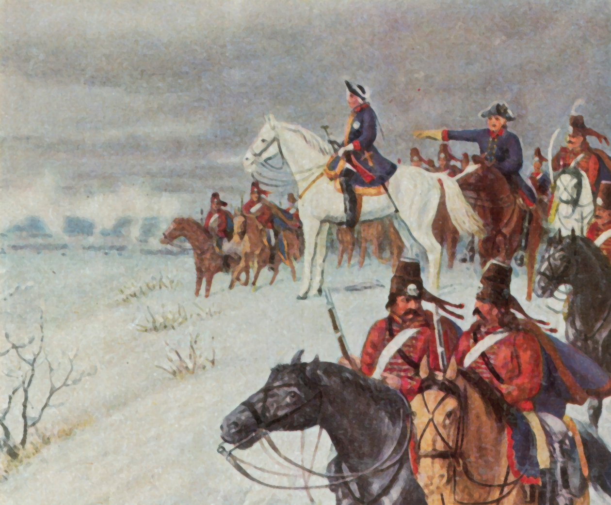 Nagy Frigyes a Borner-hegyen a leutheni csatában, 1757. december 5. (nagyított színes litográfia) alkotó: Max Weese