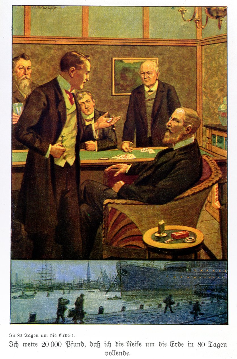 Phileas Fogg fogadást tesz a Reformklubban, hogy 80 nap alatt körbeutazhatja a világot, illusztráció egy Berlinben megjelent kiadásból. alkotó: Max Wulff