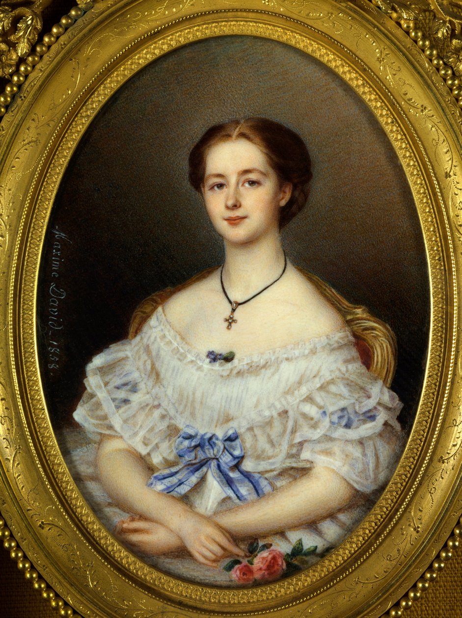 Kék szalagos nő portréja Maxime David festménye (19. század) 1858 Párizs, Dekoratív művészetek. alkotó: Maxime David