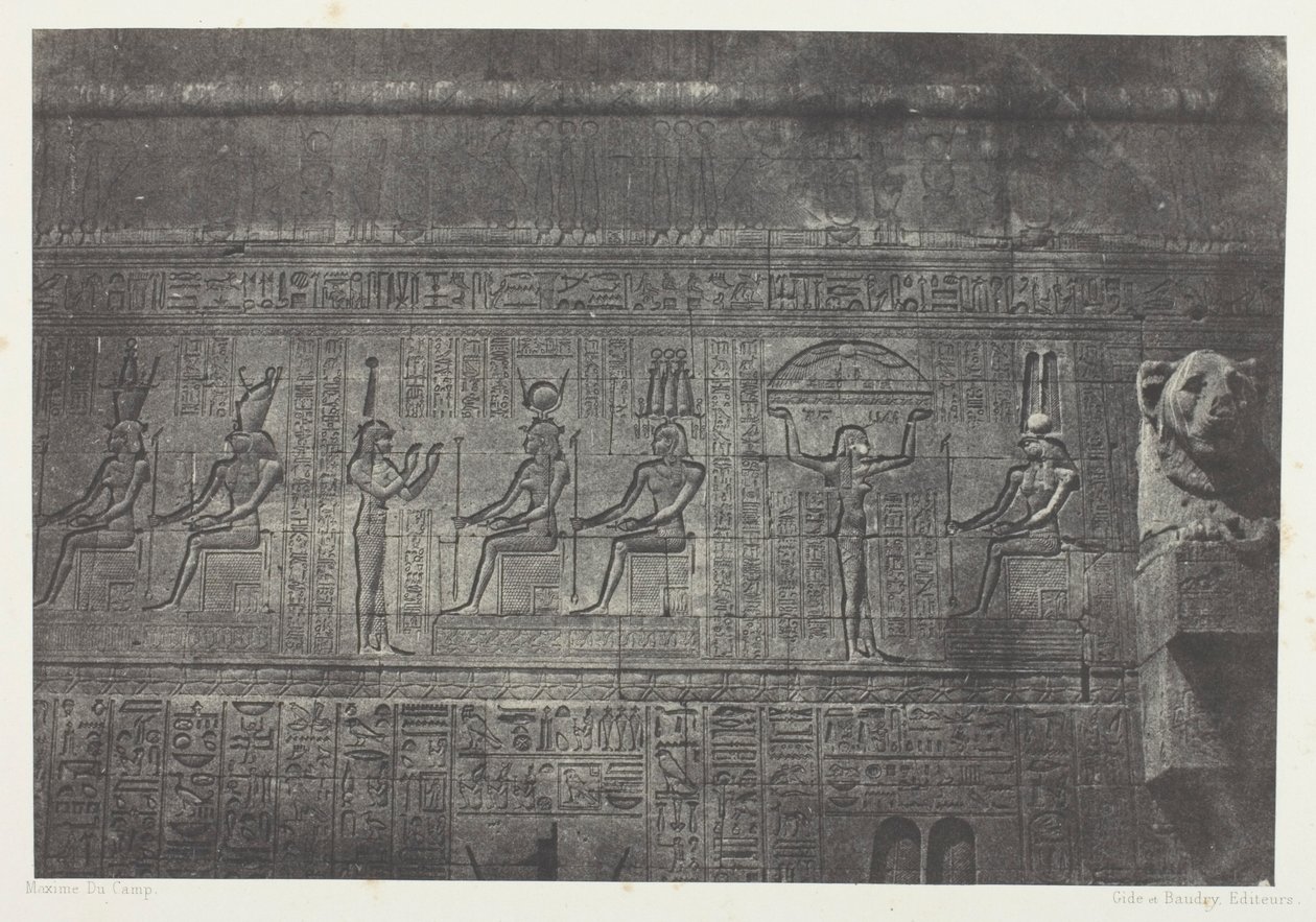 Denderah (Teutyres) nagy temploma, szobrok a hátsó homlokzatról; Felső-Egyiptom, 20. tábla az "Egypte, Nubie, Palestine et Syrie" albumból (1852) alkotó: Maxime Du Camp