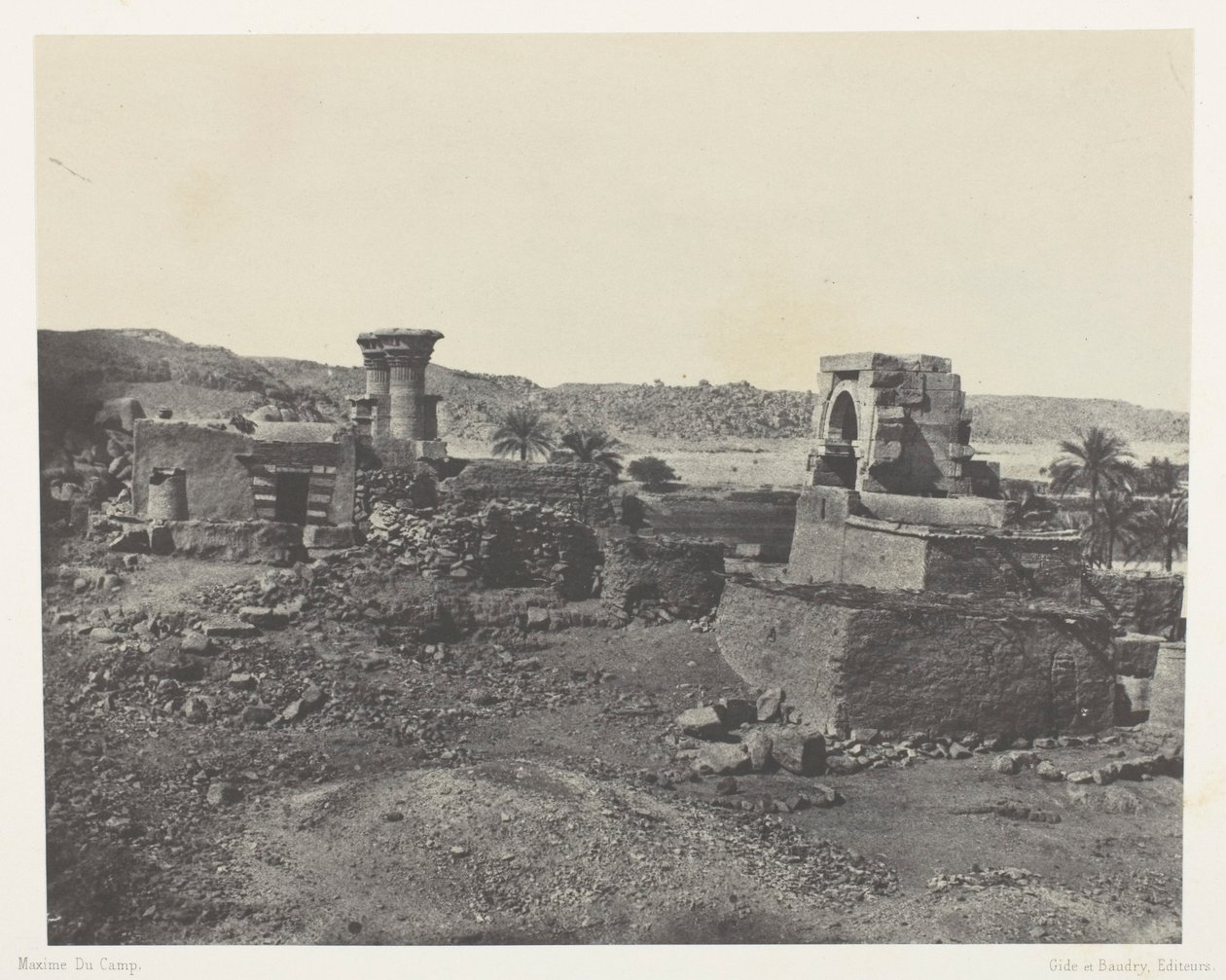 Falu és templom Beghé szigetén, Philoe-tól nyugatra; Núbia, 81. tábla az "Egypte, Nubie, Palestine et Syrie" című albumból (1852). alkotó: Maxime Du Camp