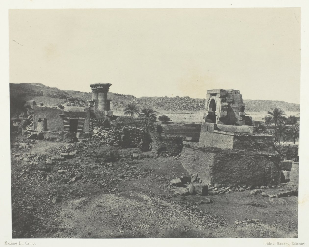 Falu és templom Béghé szigetén, Philoétól nyugatra, Núbia, 184951, nyomtatva 1852. alkotó: Maxime Du Camp