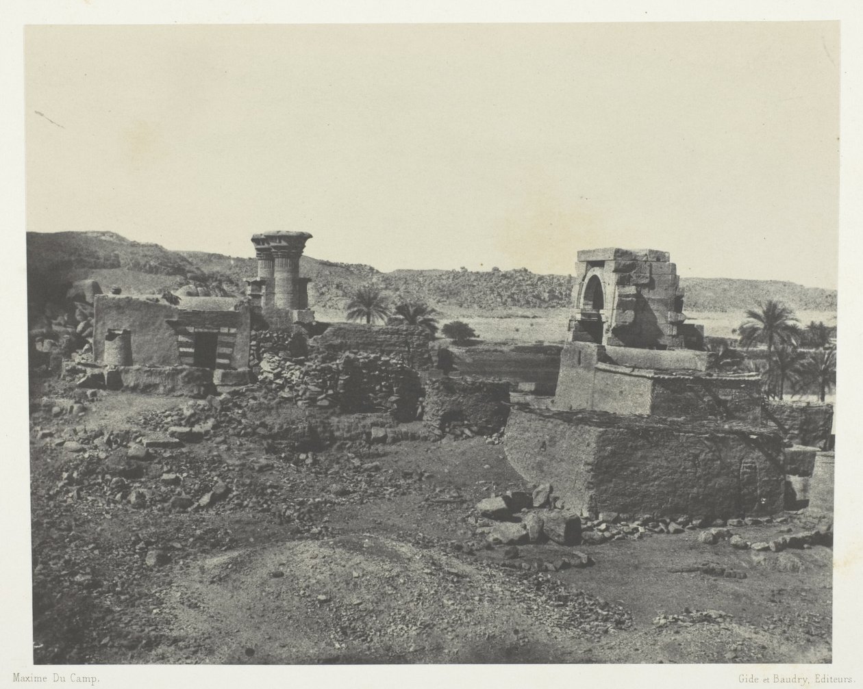 Falu és templom Beghé szigetén, Philoe-tól nyugatra; Núbia, 81. tábla az "Egypte, Nubie, Palestine et Syrie" című albumból (1852). alkotó: Maxime Du Camp