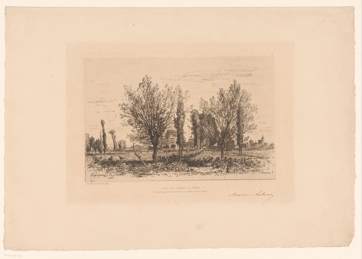 Táj egy réttel és kilátással a városra Táncolj Les Champs de Cenon. (cím a tárgyon) alkotó: Maxime François Antoine Lalanne (signed by artist)