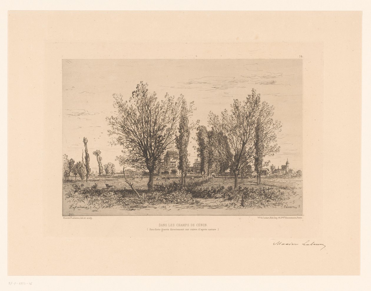 Táj egy réttel és kilátással a városra Táncolj Les Champs de Cenon. (cím a tárgyon) alkotó: Maxime François Antoine Lalanne (signed by artist)