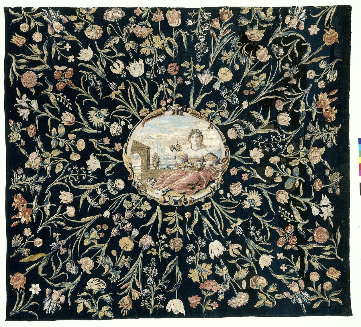 asztalterítő Abrosz Flora megszemélyesítésével és virágmintával alkotó: Maximiliaan van der Gucht (possibly)
