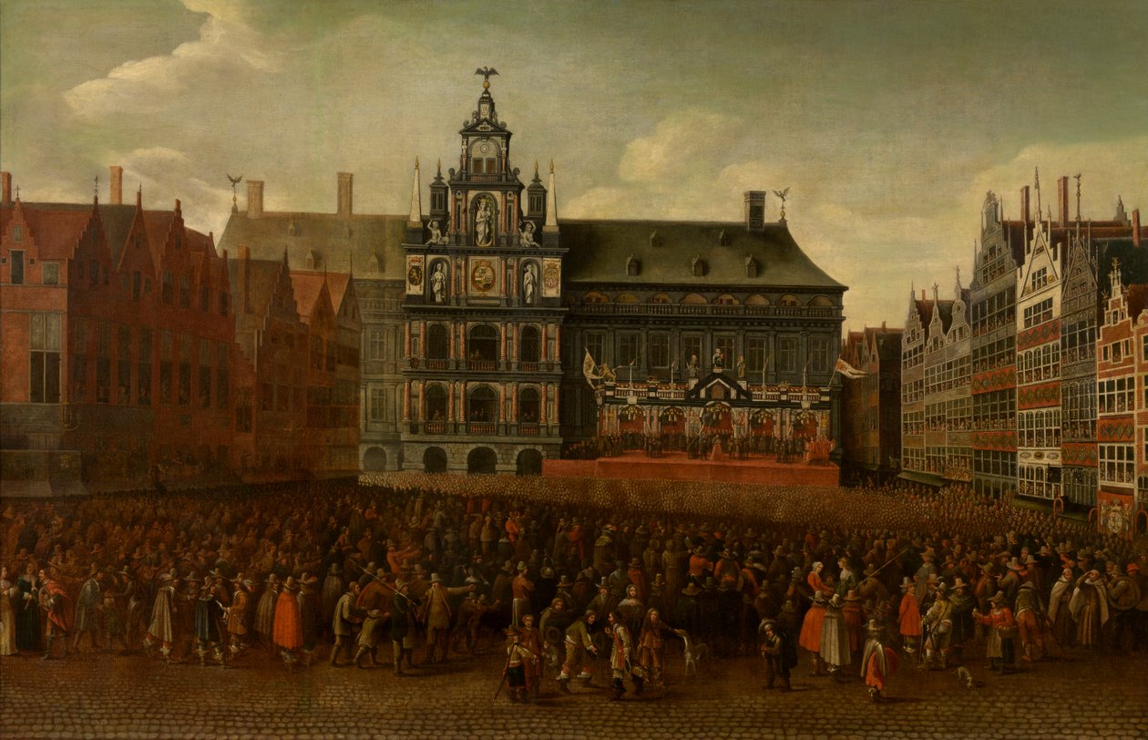 A münsteri béke kihirdetése az antwerpeni Grote Markt-on alkotó: Maximiliaen Pauwels