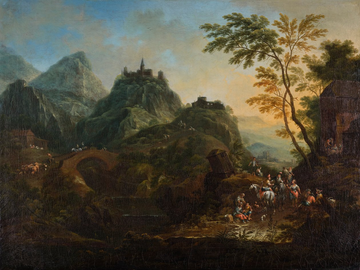 Ideális hegyi táj híddal alkotó: Maximilian Joseph Schinnagl