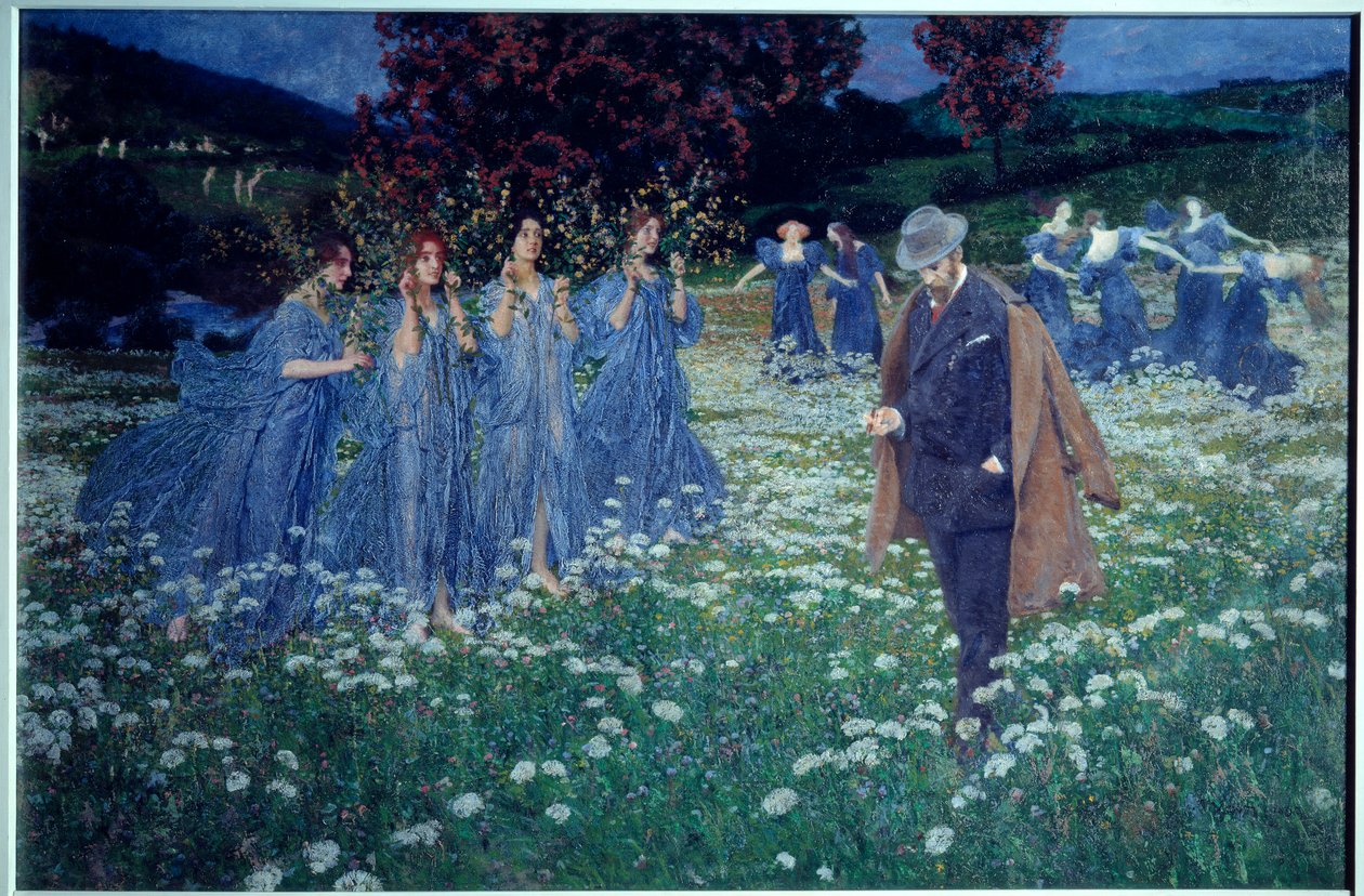 Álmodozás, egy világ Álomszerű táj, egy ember átmegy a mezőn a honoráriumok népén. Maximilian Lenz (1860-1948) festménye alkotó: Maximilian Lenz