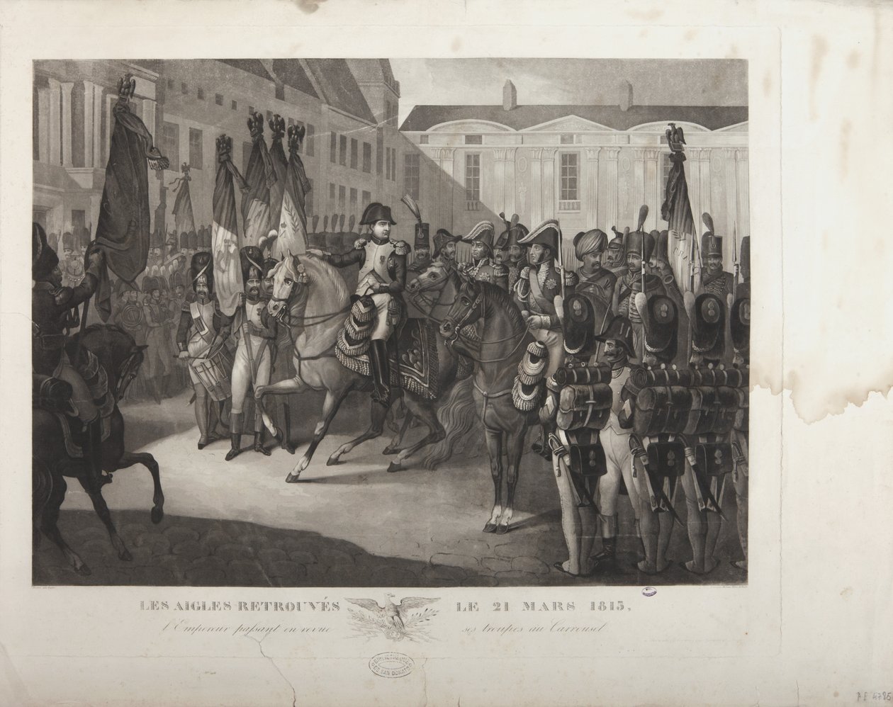 A császár áttekinti csapatait a Carrouselnél, 1815. március 21-én, Moreau metszetével alkotó: Maximilien Pierre Kepfer