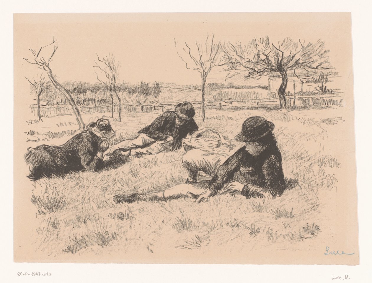 Három férfi pihen egy réten alkotó: Maximilien Luce (signed by artist)