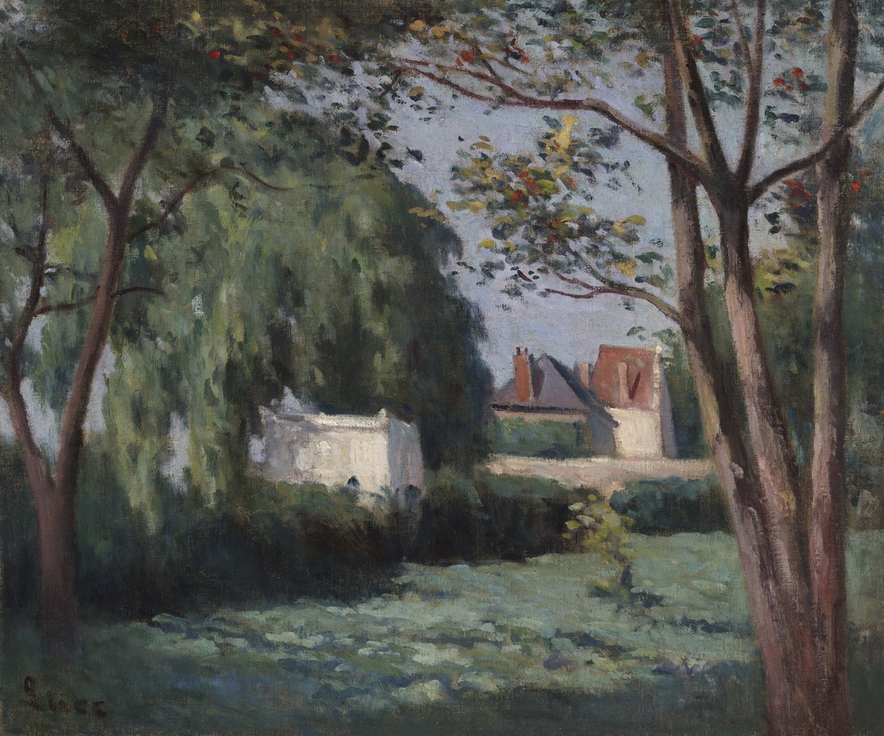 Vidéki jelenet három házzal és fákkal, 1900 körül alkotó: Maximilien Luce