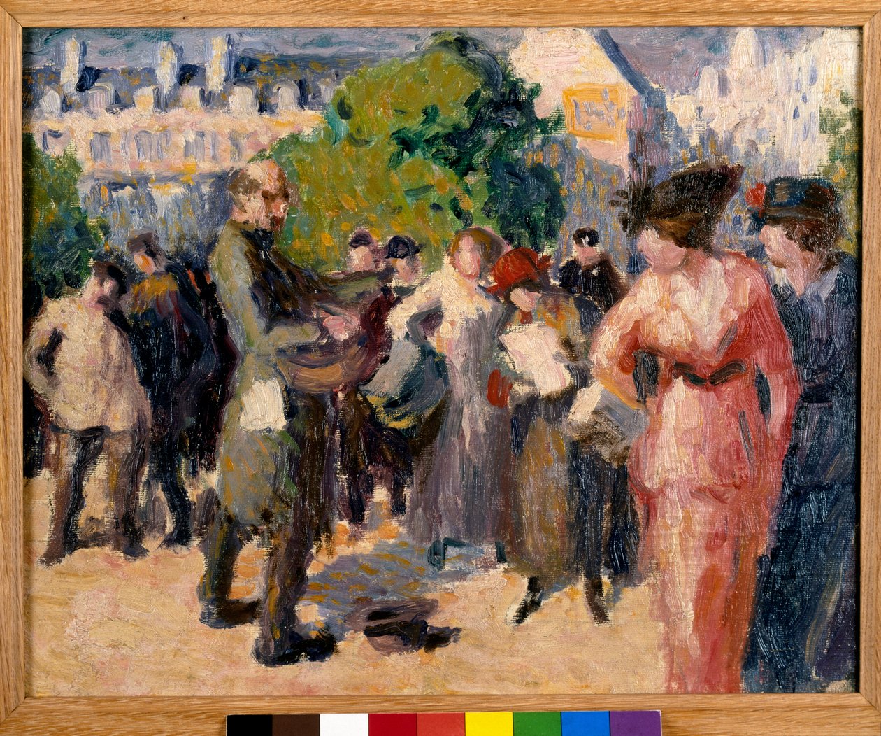 Utcai jelenet. Párizsi kertben játszó koldus csörgődobossal. Maximilien Luce (1858-1941) festménye. Olaj, vászon. Magángyűjtemény. alkotó: Maximilien Luce