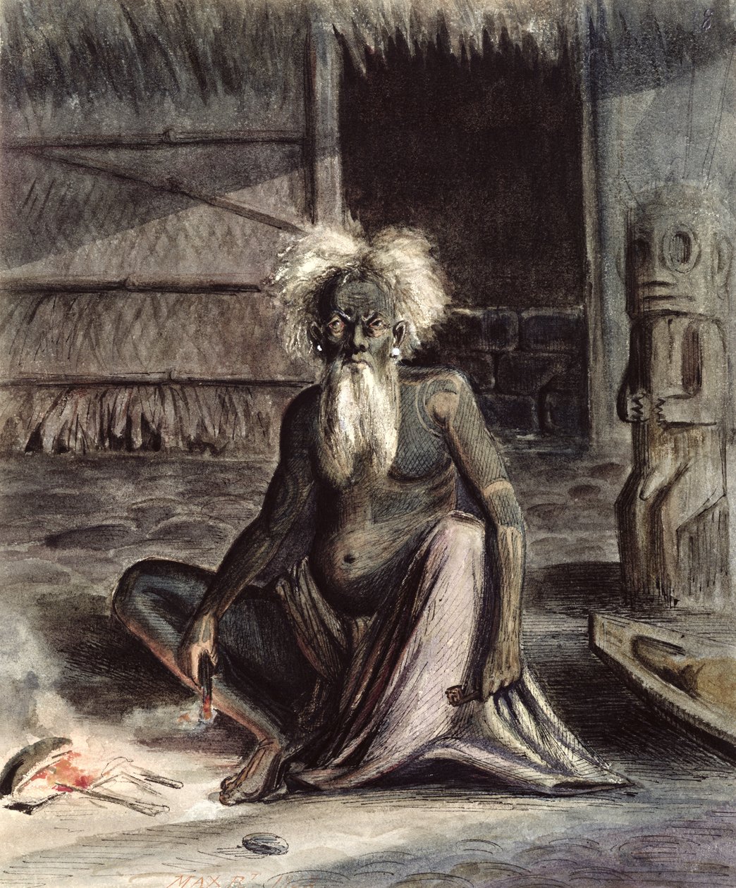 Tahiti öregember ül egy Tiki közelében, 1841-48 körül (toll, tinta és WC papíron) alkotó: Maximilien Radiguet