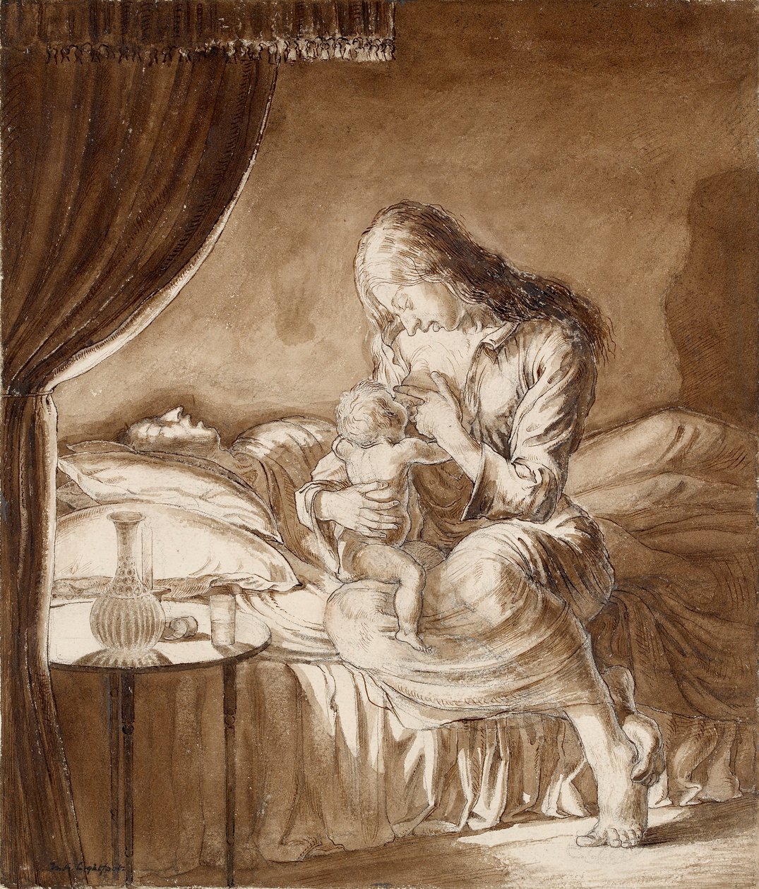 Éjszakai jelenet – gyermekét tápláló nő, 1900-as évek alkotó: Maxwell Gordon Lightfoot