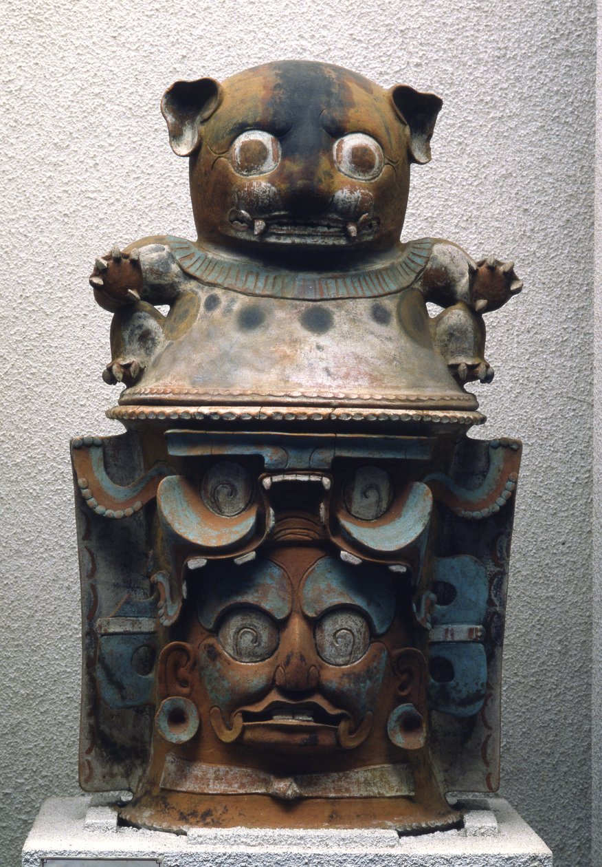 Ixil temetkezési urna macskafedelű, Nebaj, Guatemala, késői klasszikus korszak (900-1200) (polikróm cserép) (lásd még: 238288) alkotó: Mayan