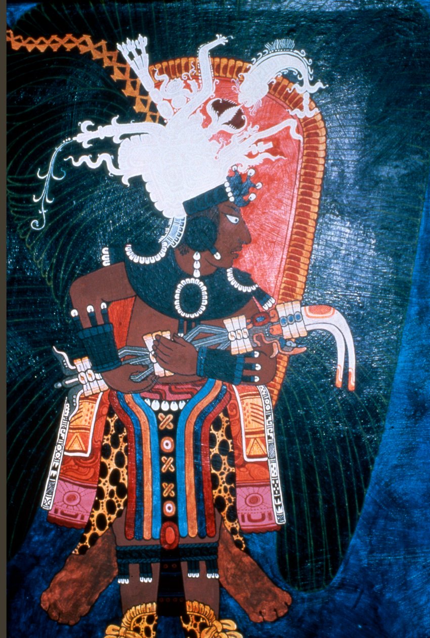 Egy szertartáshoz öltözött uralkodót ábrázoló falfestmény reprodukciója a falfestmények templomából, Bonampakból (falfestmény) alkotó: Mayan