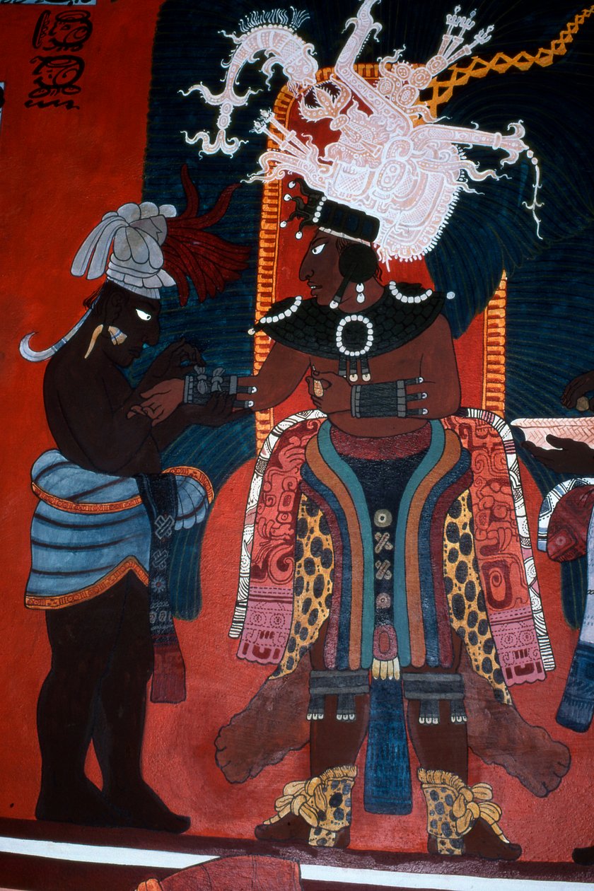 Egy falfestmény reprodukciója, amely egy szolgát ábrázol, amint egy uralkodót öltöztet egy szertartáshoz, a Bonampak-i falfestmény templomból (falfestmény). alkotó: Mayan