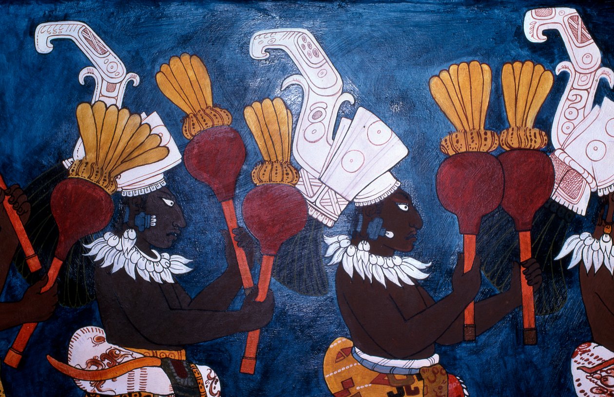 Egy falfestmény reprodukciója, amelyen zenészeket csörgőkkel láthatunk egy szertartás alatt, a bonampak falfestmények templomából (falfestmény) alkotó: Mayan
