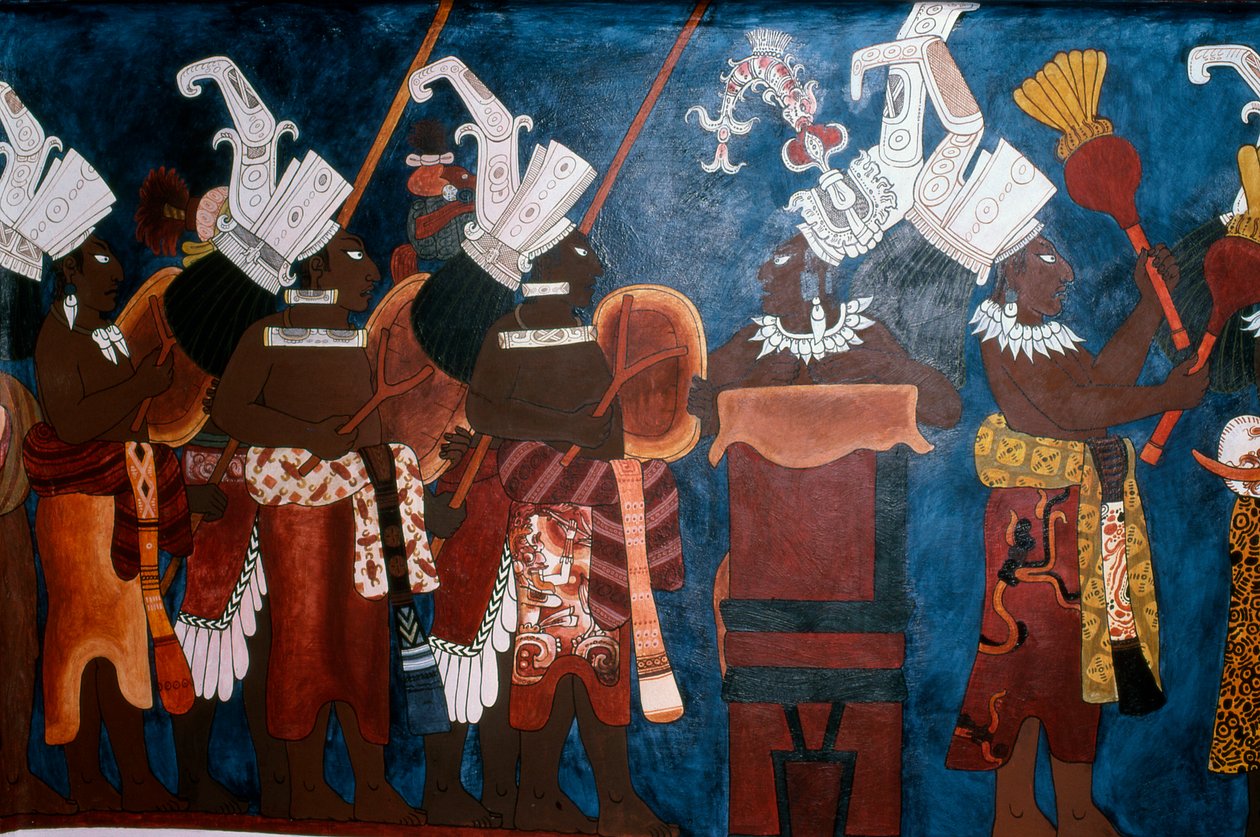 Szolgákat és zenészeket ábrázoló falfestmény reprodukciója szertartás közben, a falfestmények templomából, Bonampakból (falfestmény) alkotó: Mayan