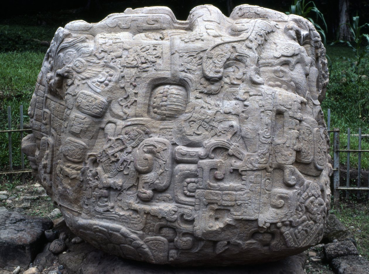 A zoomorf kő P oldalnézete, későklasszikus időszak (i.sz. 600-900) alkotó: Mayan