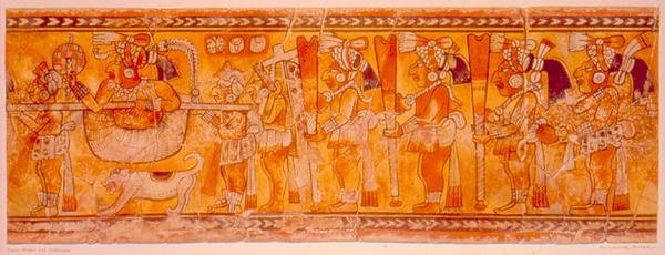 Király almot hordott egy kutyával, papokkal és őrökkel alkotó: Mayan