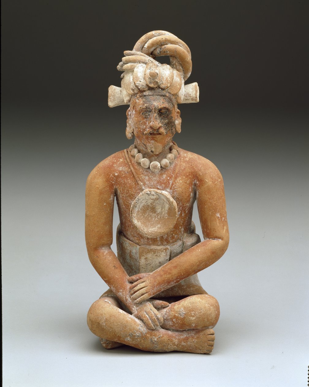 Ülő, szakállas férfi, késő klasszikus korszak, 600-900 körül (kerámia és festék) alkotó: Mayan Mayan