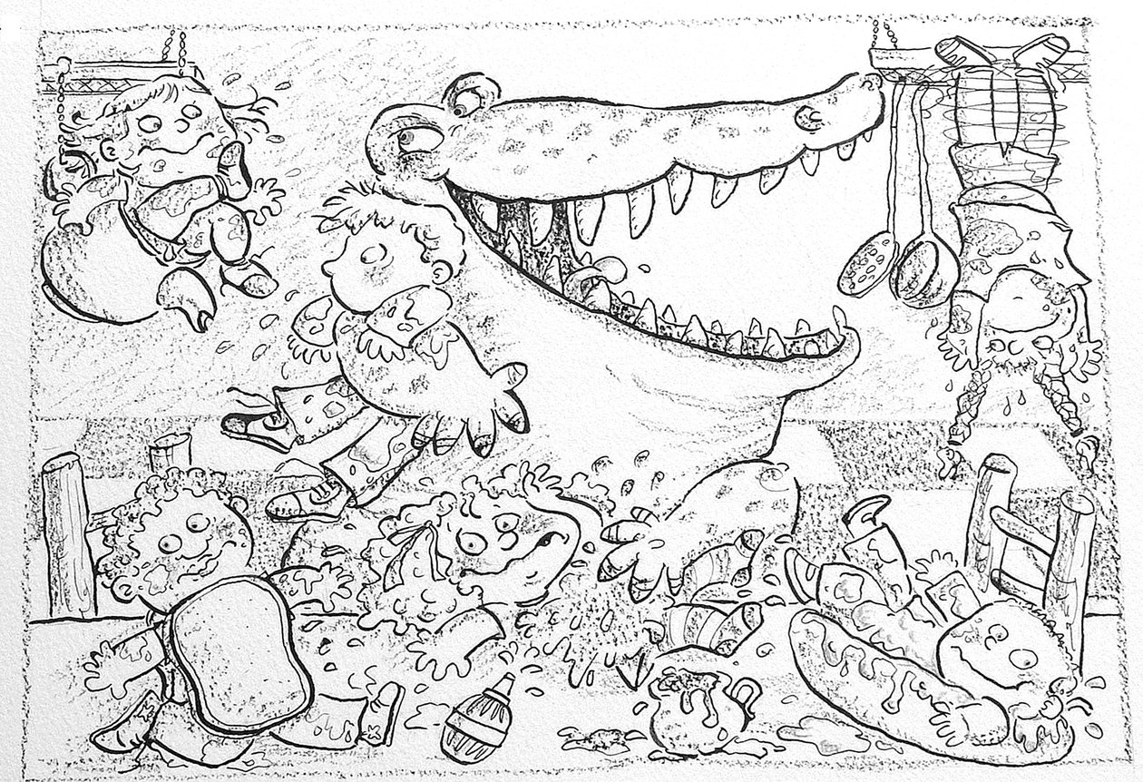 Crocodiles Lunch (tinta és zsírkréta papíron) alkotó: Maylee Christie