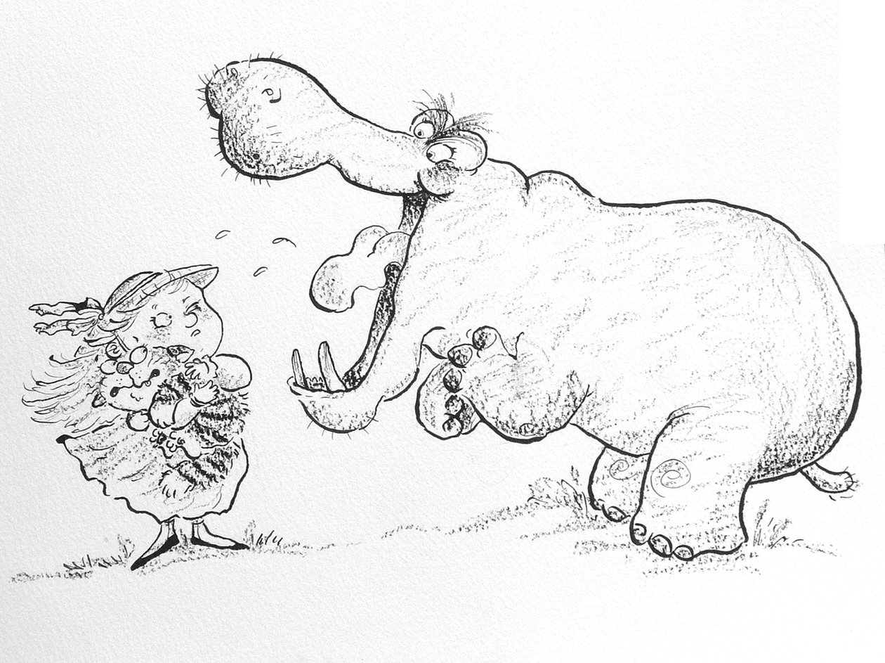 Nem félek tőled, Mr Hippo (tinta és zsírkréta papíron) alkotó: Maylee Christie