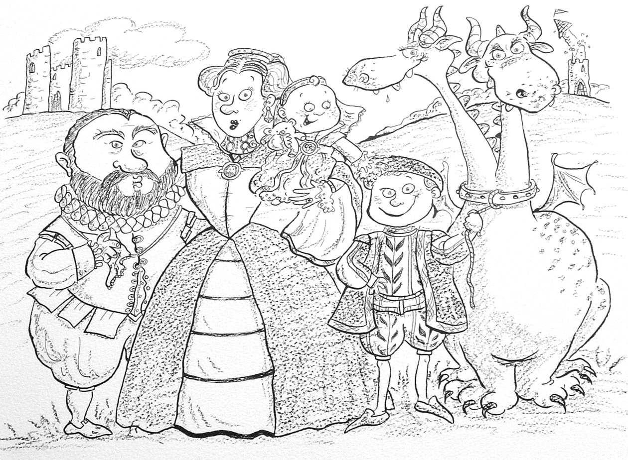Középkori családi portré (tinta és zsírkréta) alkotó: Maylee Christie