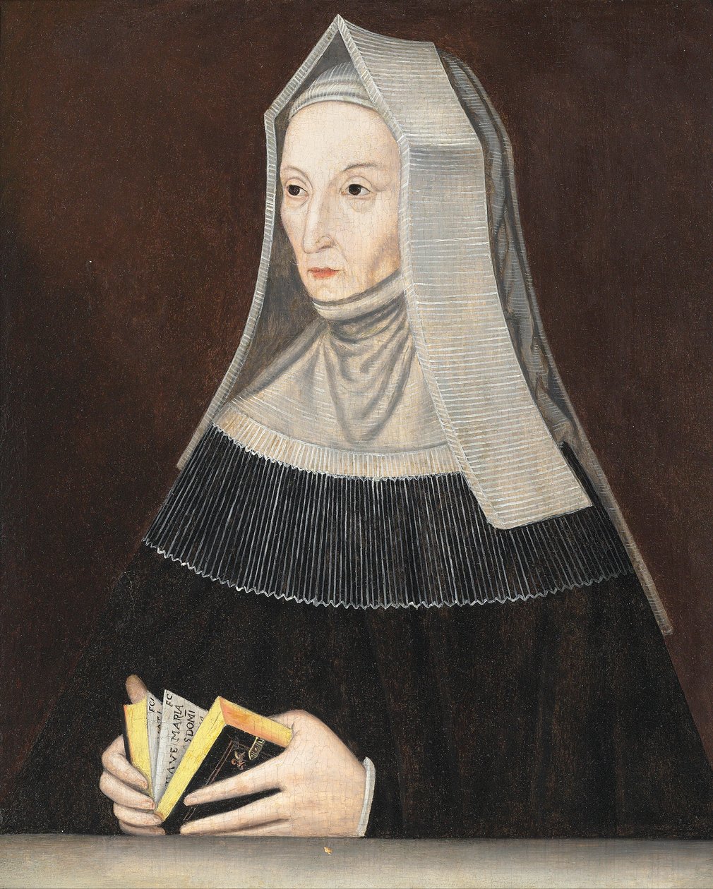 Lady Margaret Beaufort (1441-1509) portréja, félalakos, fekete köntösben, fehér ruhában, kezében imakönyv (olaj, tábla) alkotó: Maynard (manner of) Vewicke