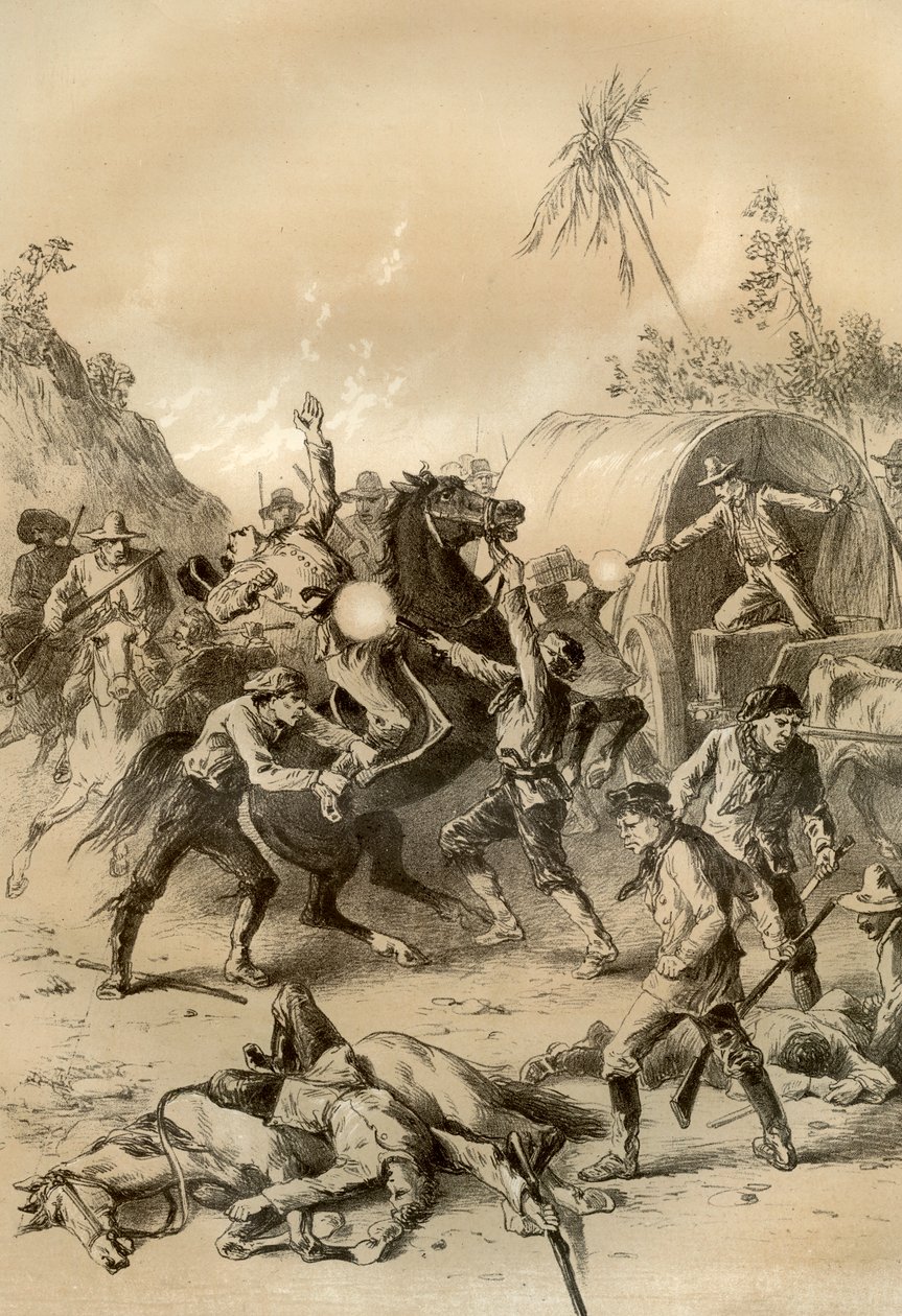 Aranykíséretet megtámadtak bushrangers, Ausztrália, 1879 alkotó: McFarlane and Erskine