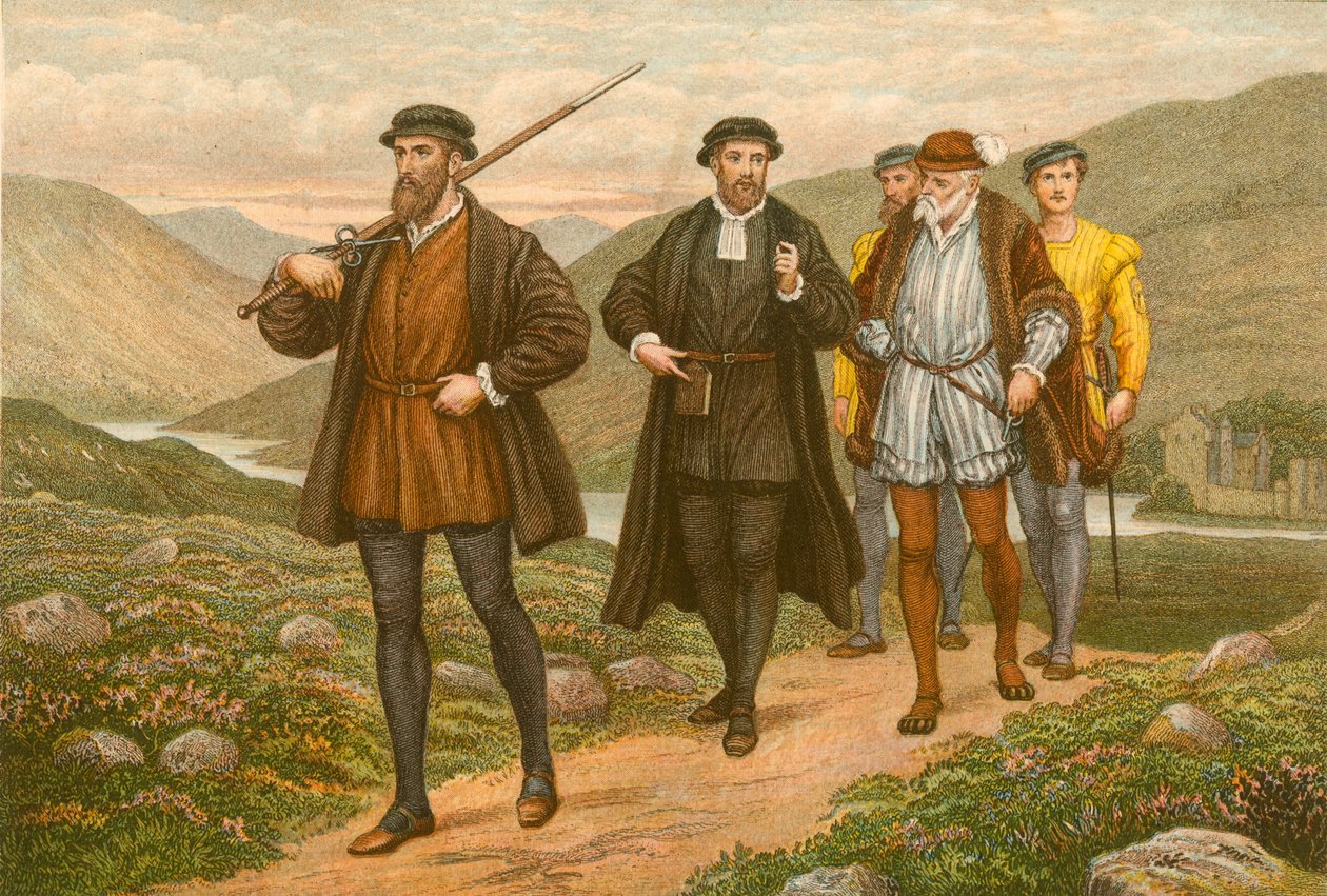 John Knox kardot visel George Wishart előtt, a dundee-i merényletkísérlet után (színes metszet) alkotó: McLaren John Ralston