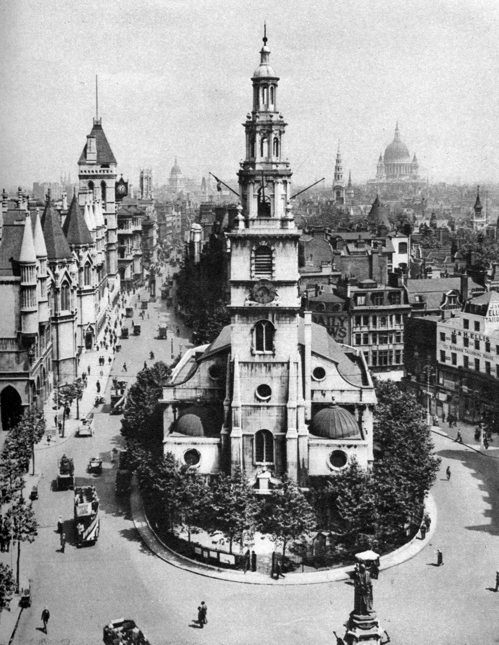 St Clement Danes templom, a Strand és a Fleet Street az Australia House-tól, London, 1926-1927. alkotó: McLeish